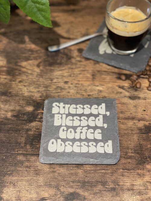 A Complete Set of our Coffee Slate Coasters with free holder