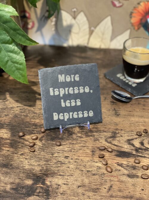 A Complete Set of our Coffee Slate Coasters with free holder
