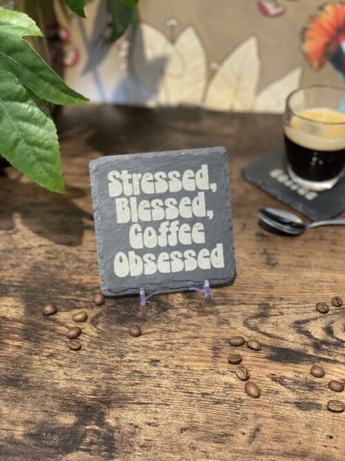 A Complete Set of our Coffee Slate Coasters with free holder