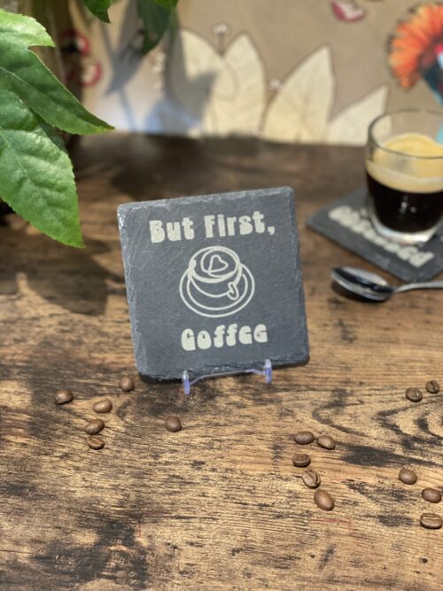A Complete Set of our Coffee Slate Coasters with free holder