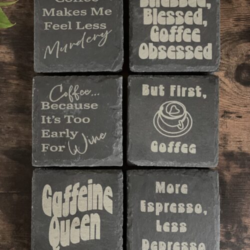 Slate Coaster Coffee Lover A Complete Set of our Coffee Slate Coasters with free holder