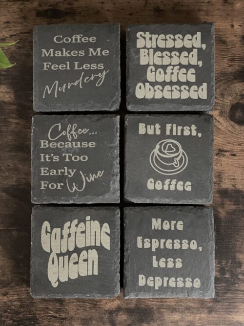 A Complete Set of our Coffee Slate Coasters with free holder