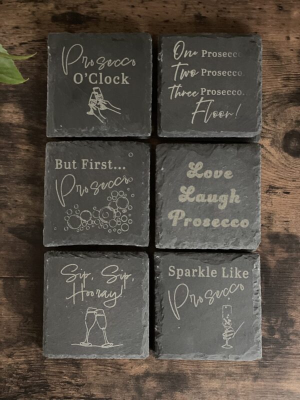 Slate Coaster with Prosecco Engravings (10cm Square) - Image 8