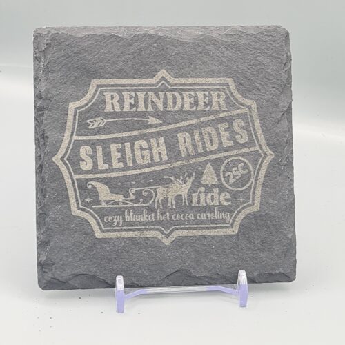 Reindeer Sleigh Rides Slate Coaster – Rustic Christmas Slate Gift