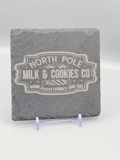 North Pole Milk + Cookie Co Christmas Slate Coaster Gift Set with Holder – 6 Rustic Festive Coasters