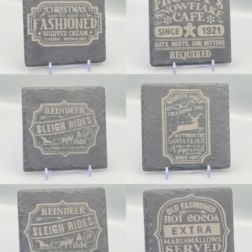 Christmas Slate Coaster Gift Set with Holder – 6 Rustic Festive Coasters